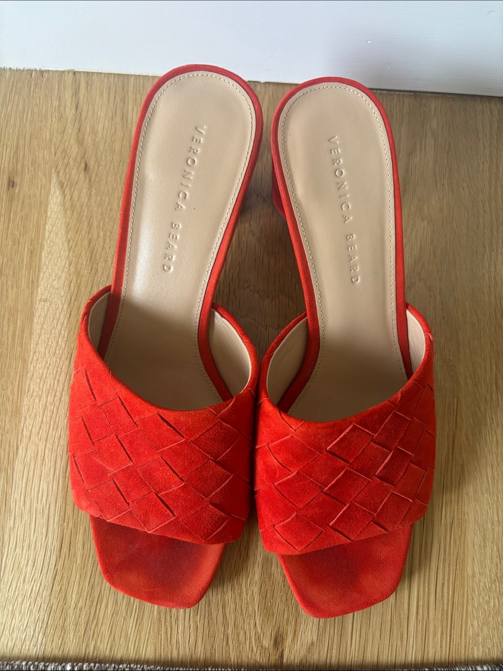 Veronica Beard Red Woven Suede Slide Mules